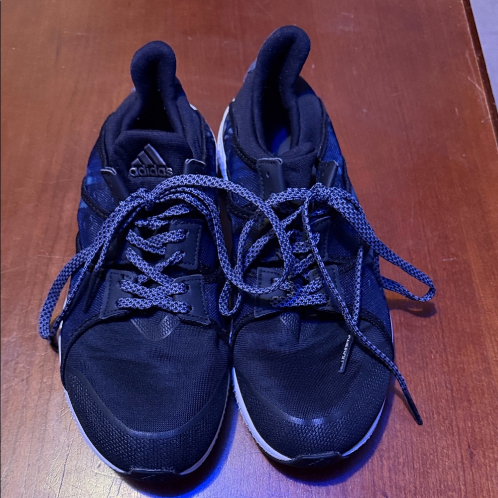 Adidas Black Athletic Shoes with White and Blue Accents